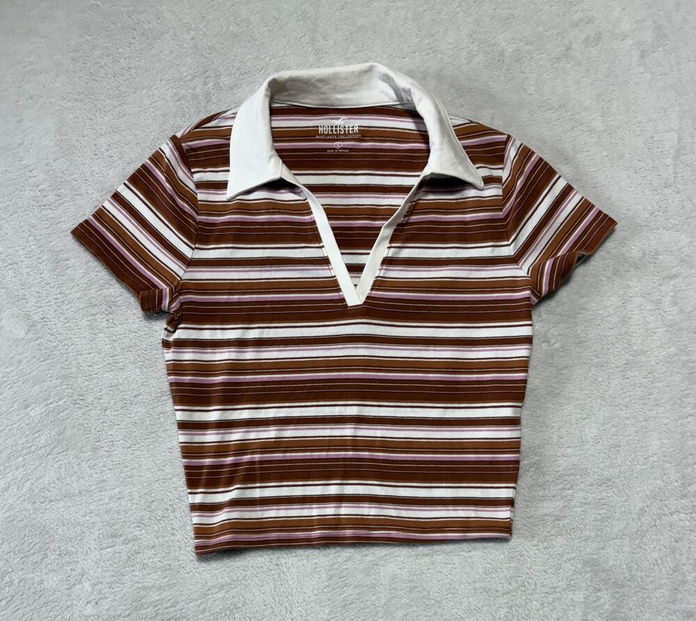 Hollister Shirt Womens Small Brown White Pink Striped Collared V Neck Crop Top